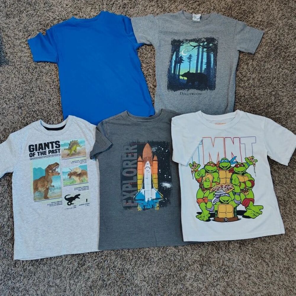 Lot of 5 Boys Short Sleeve T-Shirts Size 6-7 Assorted Graphic Tees Dinosaurs Etc